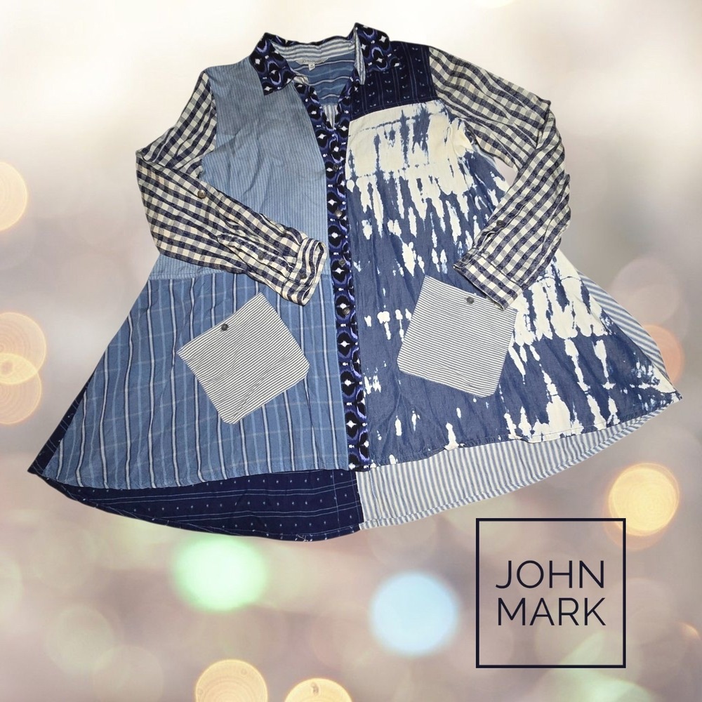 John Mark Womens Patchwork Mixed Media Button Down Tunic Blue M